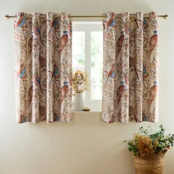 Eyelet Curtains with Pheasant Print - Natural