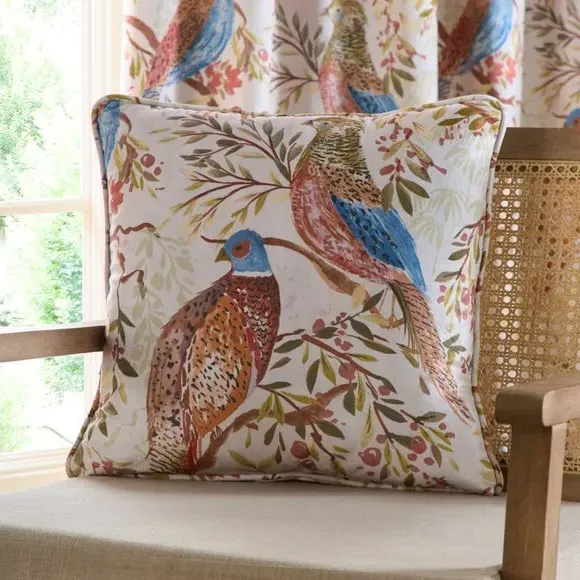 Eyelet Curtains with Pheasant Print - Natural