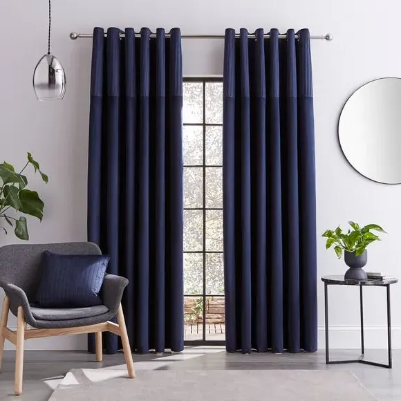 Eyelet Curtains with Stripe Border - Ink, Velour
