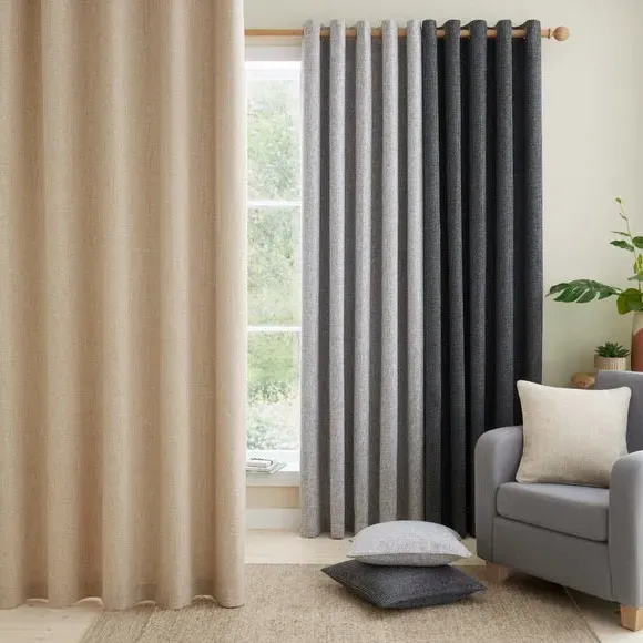 Eyelet Curtains with Textured Weave - Warm Sand