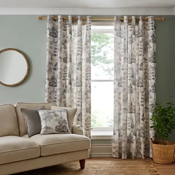 Eyelet Curtains with Trees Print - Natural, Cotton