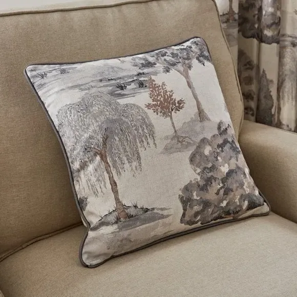Eyelet Curtains with Trees Print - Natural, Cotton