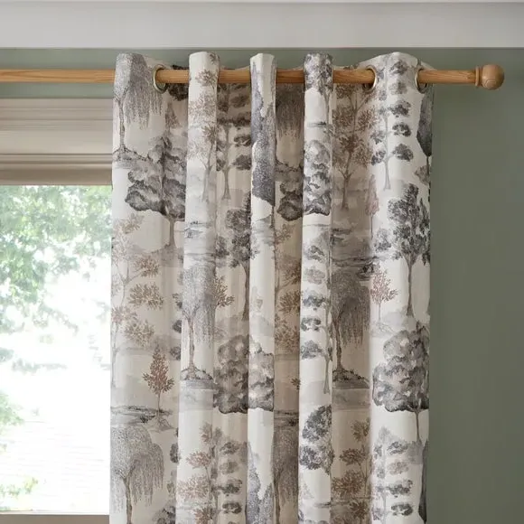Eyelet Curtains with Trees Print - Natural, Cotton