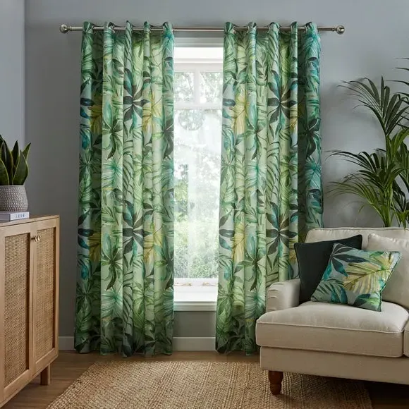 Eyelet Curtains with Tropical Print - Green, Cotton