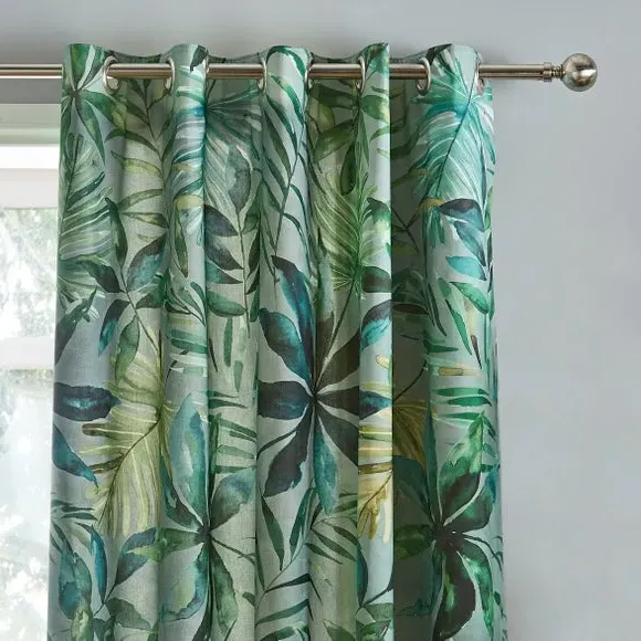 Eyelet Curtains with Tropical Print - Green, Cotton image