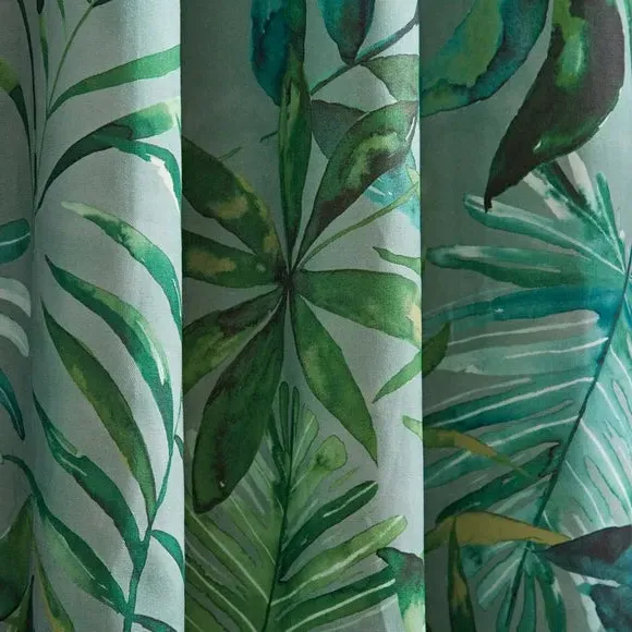 Eyelet Curtains with Tropical Print - Green, Cotton