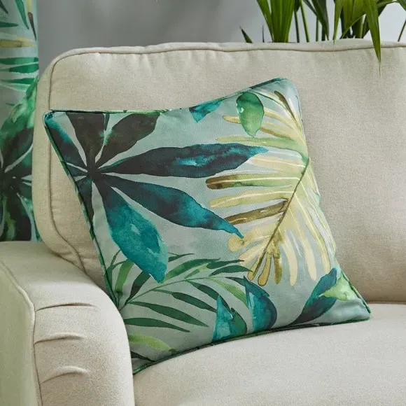 Eyelet Curtains with Tropical Print - Green, Cotton