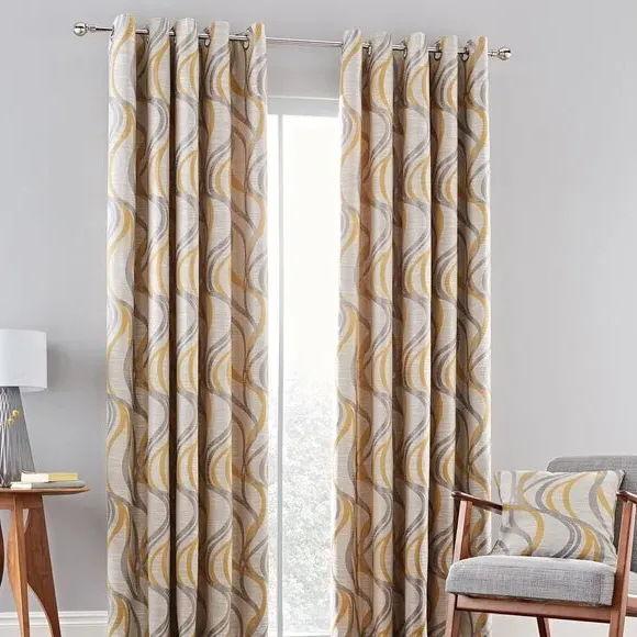 Eyelet Curtains with Wave Design - Ochre, Jacquard