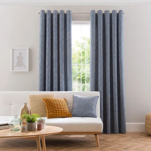 Eyelet Curtains with Woven Design - Blue Grey
