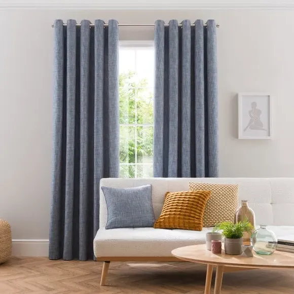 Eyelet Curtains with Woven Design - Blue Grey