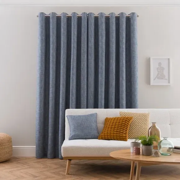 Eyelet Curtains with Woven Design - Blue Grey