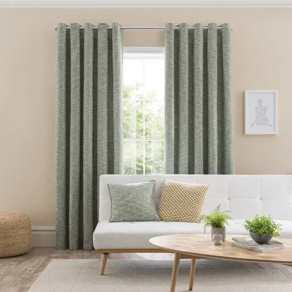Eyelet Curtains with Woven Design - Soft Olive
