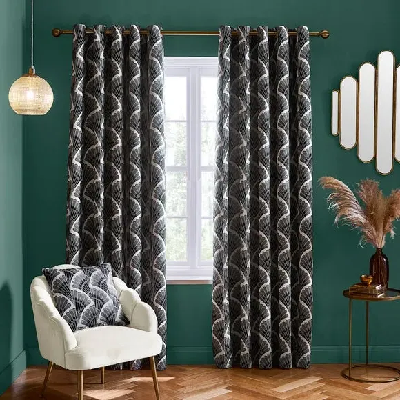 Fan Jacquard Eyelet Curtains - Grey, Polyester