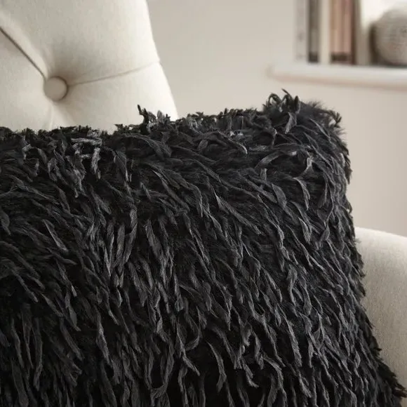 Faux Feather Cushion - Black, Polyester