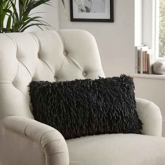 Faux Feather Cushion - Black, Polyester image