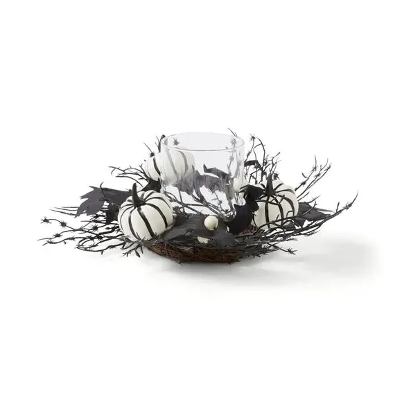 Faux Floral Pumpkin Candle Holder - Black