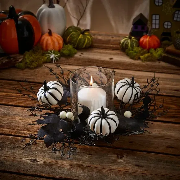 Faux Floral Pumpkin Candle Holder - Black image