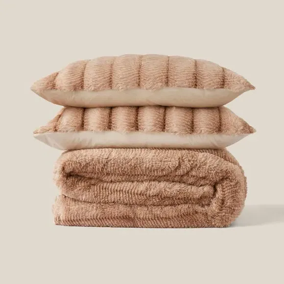 Faux Fur Duvet Cover Set - Brown, Polyester