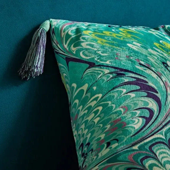 Feather Cushion with Tassels - Teal, Velour