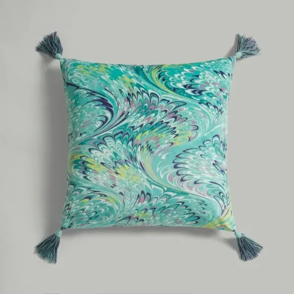 Feather Cushion with Tassels - Teal, Velour
