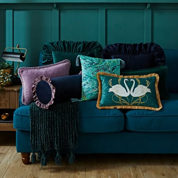 Feather Cushion with Tassels - Teal, Velour