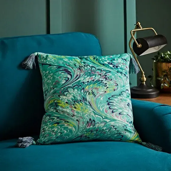 Feather Cushion with Tassels - Teal, Velour image
