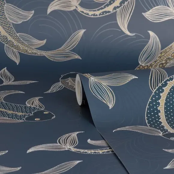 Fish Pattern Wallpaper - Navy, Paper