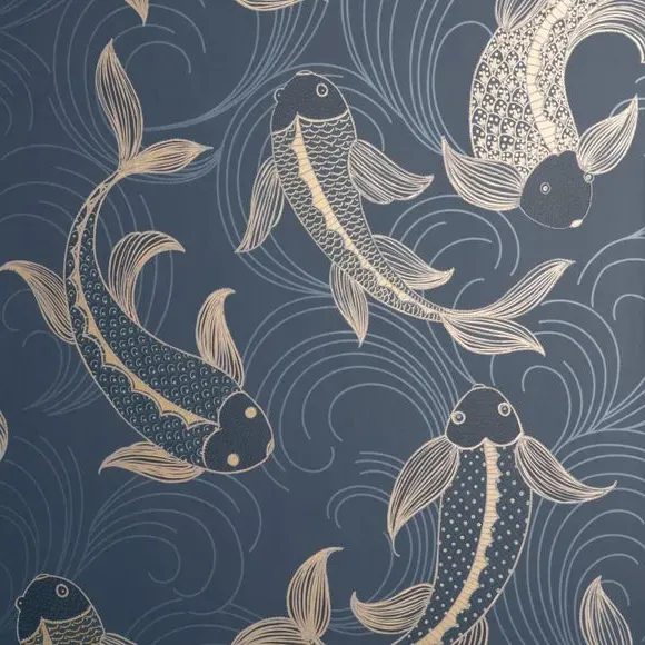 Fish Pattern Wallpaper - Navy, Paper