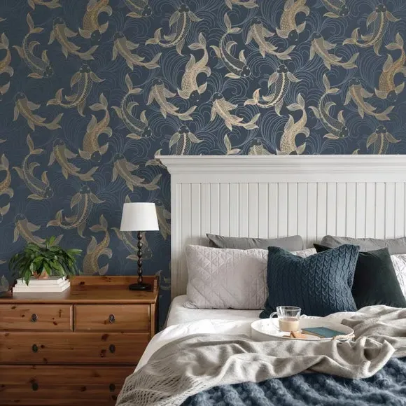 Fish Pattern Wallpaper - Navy, Paper