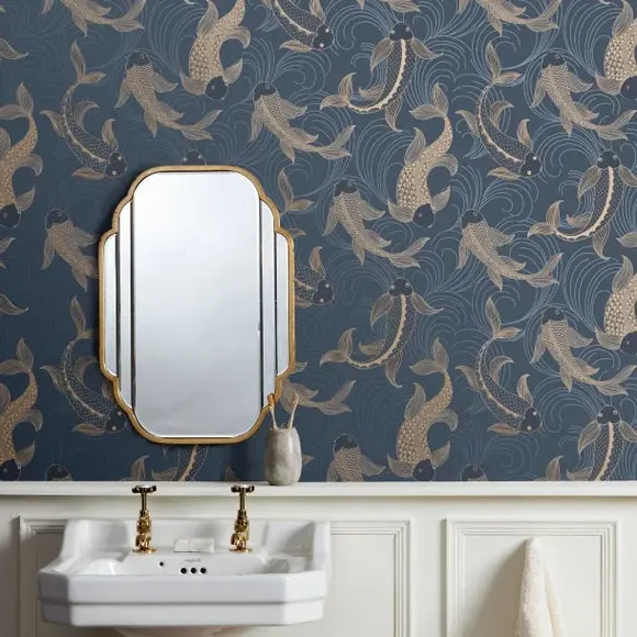 Fish Pattern Wallpaper - Navy, Paper image