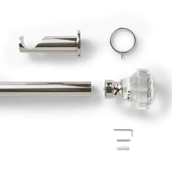 Fixed Curtain Pole with Crystal Finial - Silver