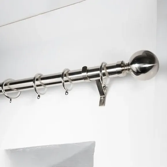 Fixed Metal Curtain Pole with Rings - Satin Steel