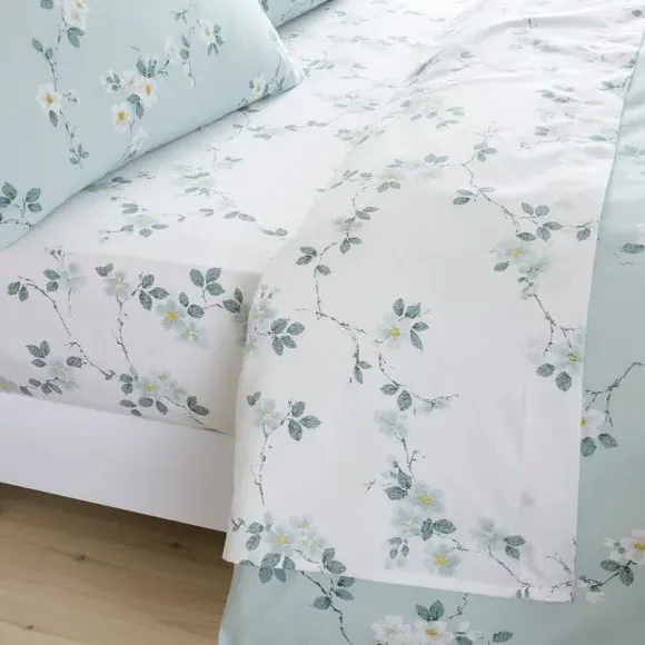 Flat Sheet with Floral Design - Duck Egg, Polycotton image