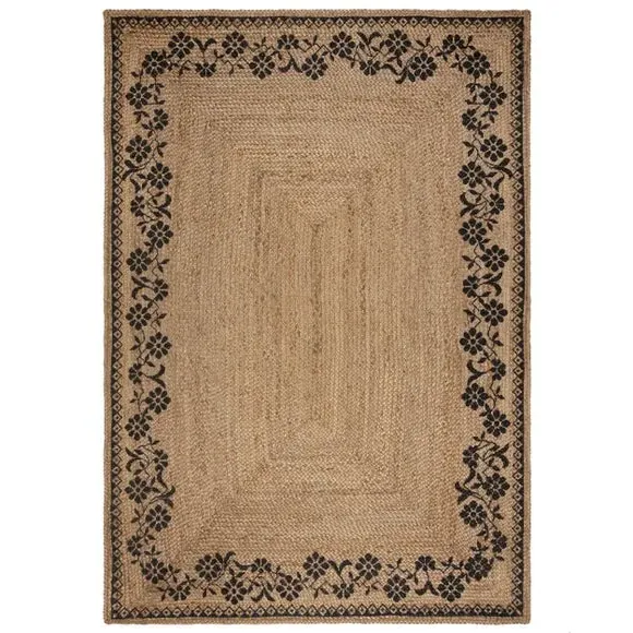 Flat-Woven Rug with Floral Print - Natural, Jute