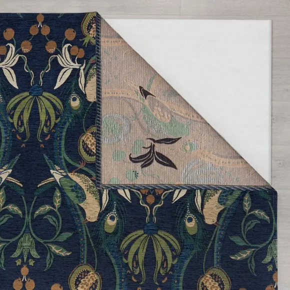 Flatweave Rug Botanical Design - Navy, Chenille