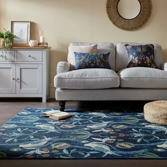 Flatweave Rug Botanical Design - Navy, Chenille