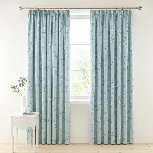 Floral Blackout Curtains Pencil Pleat - Duck Egg