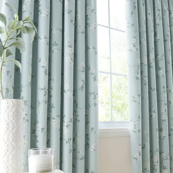 Floral Blackout Curtains Pencil Pleat - Duck Egg