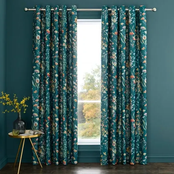 Floral Blackout Eyelet Curtains - Peacock, Velour