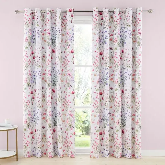 Floral Blackout Eyelet Curtains - Pink, Polyester