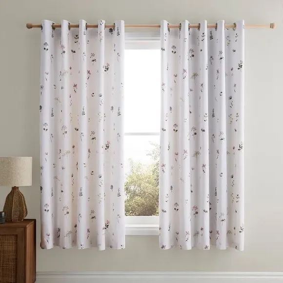 Floral Blackout Eyelet Curtains - White, Cotton