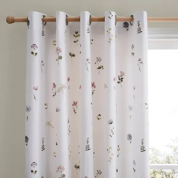 Floral Blackout Eyelet Curtains - White, Cotton