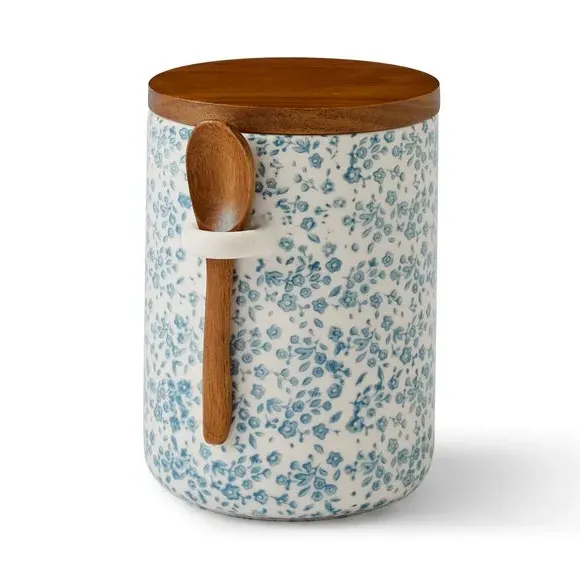 Floral Canister with Spoon - Blue, Stoneware