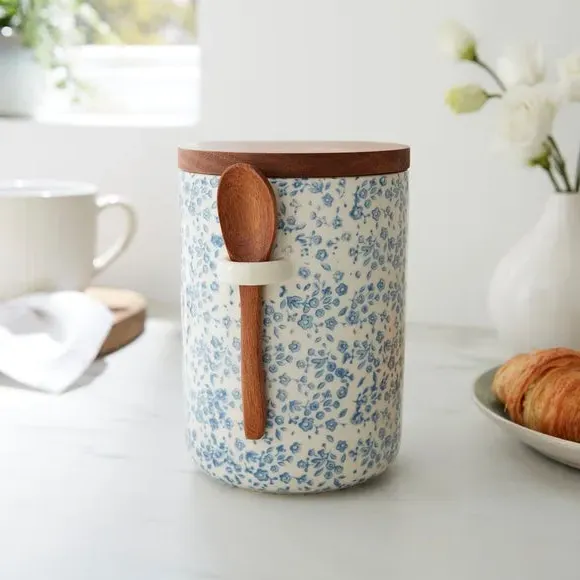 Floral Canister with Spoon - Blue, Stoneware image