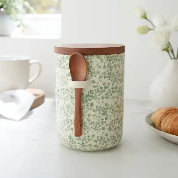 Floral Canister with Spoon - Green, Stoneware