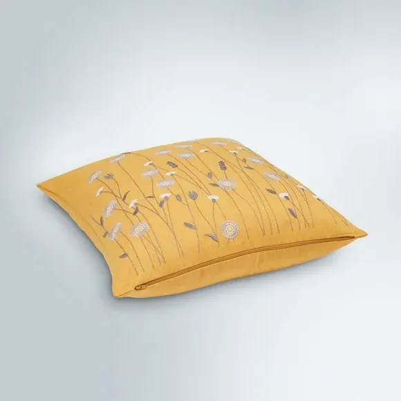 Floral Cushion with Embroidery - Ochre