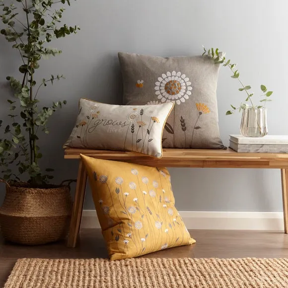 Floral Cushion with Embroidery - Ochre