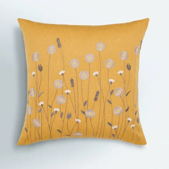 Floral Cushion with Embroidery - Ochre