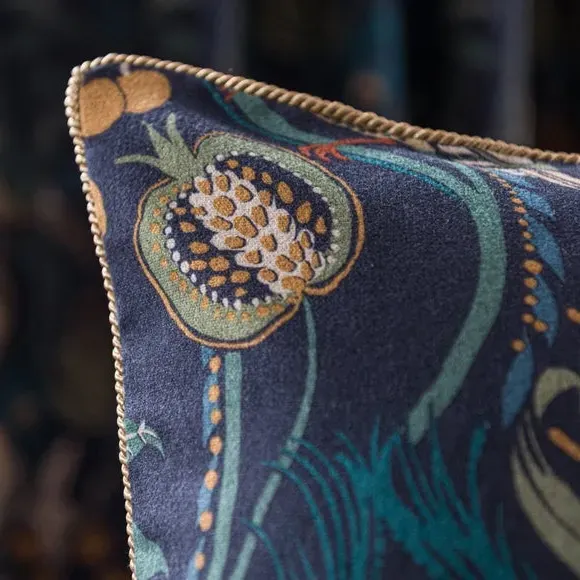 Floral Cushion with Peacock Design - Navy