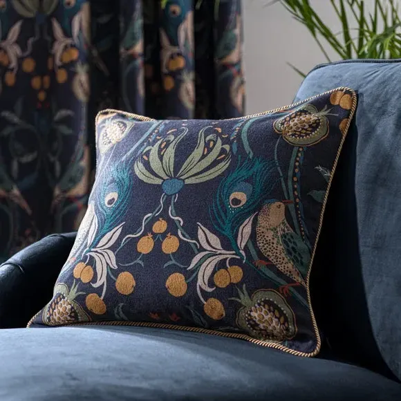Floral Cushion with Peacock Design - Navy image